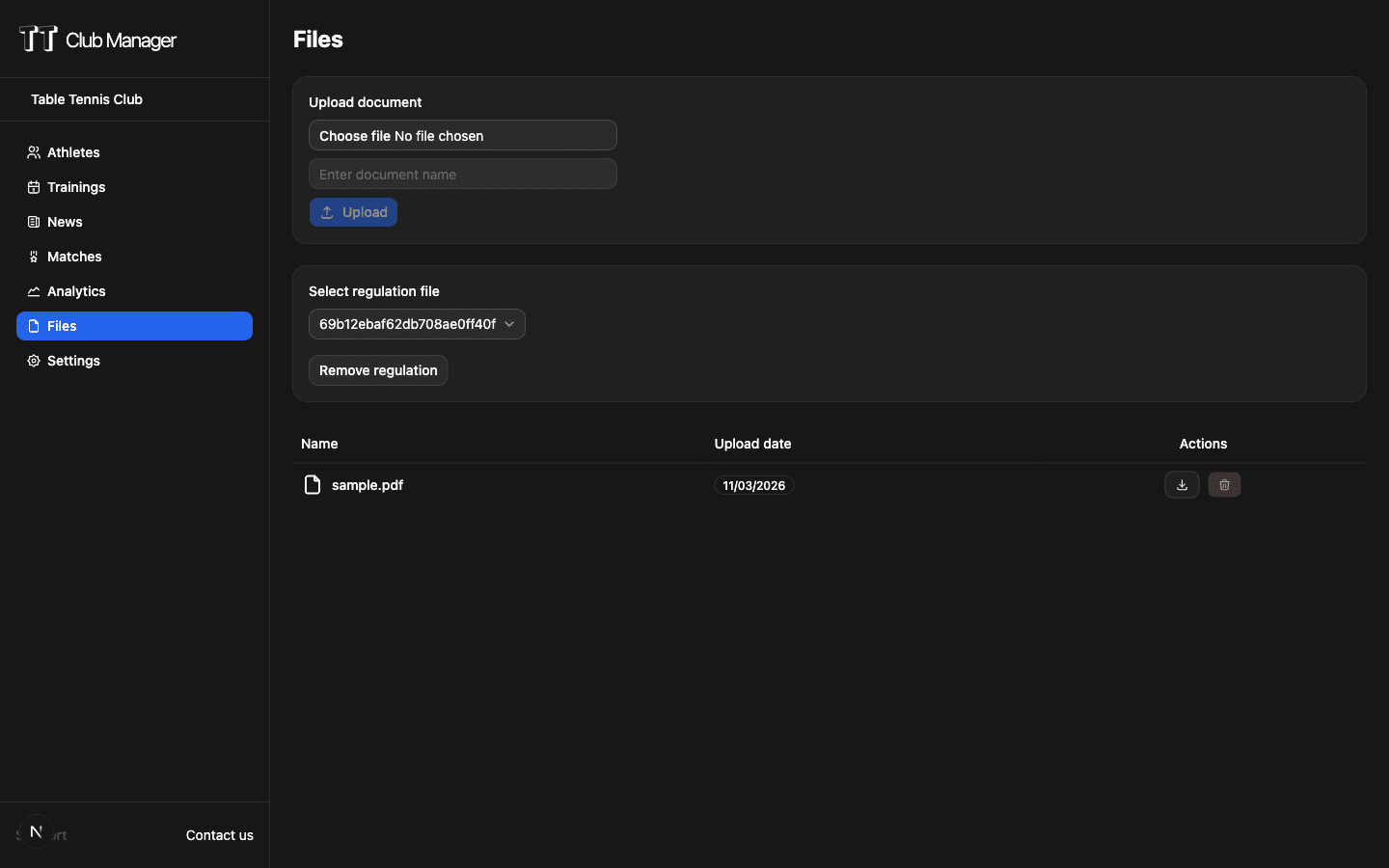 TT Club Manager file management interface