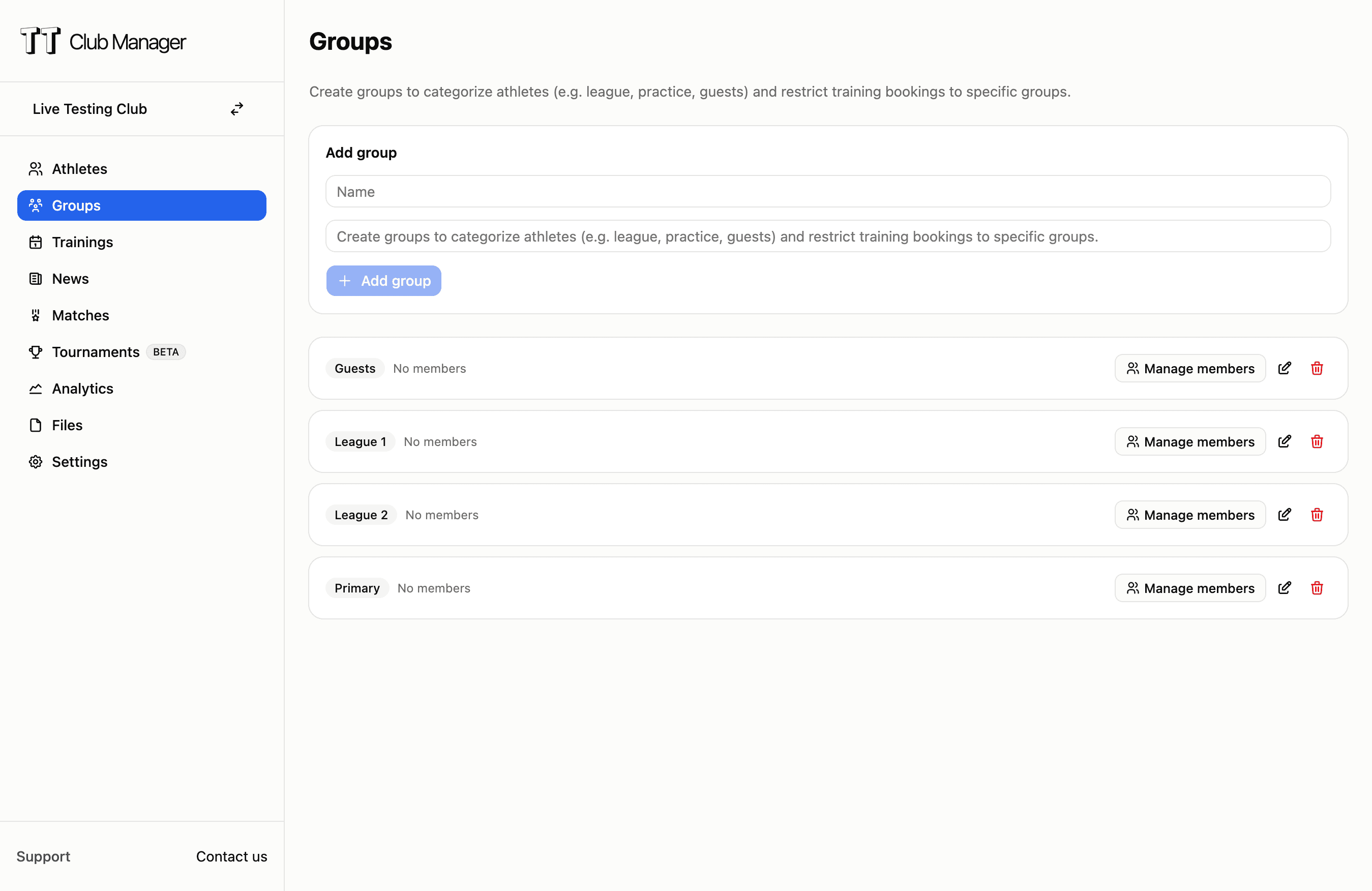 Athlete groups and training booking restrictions