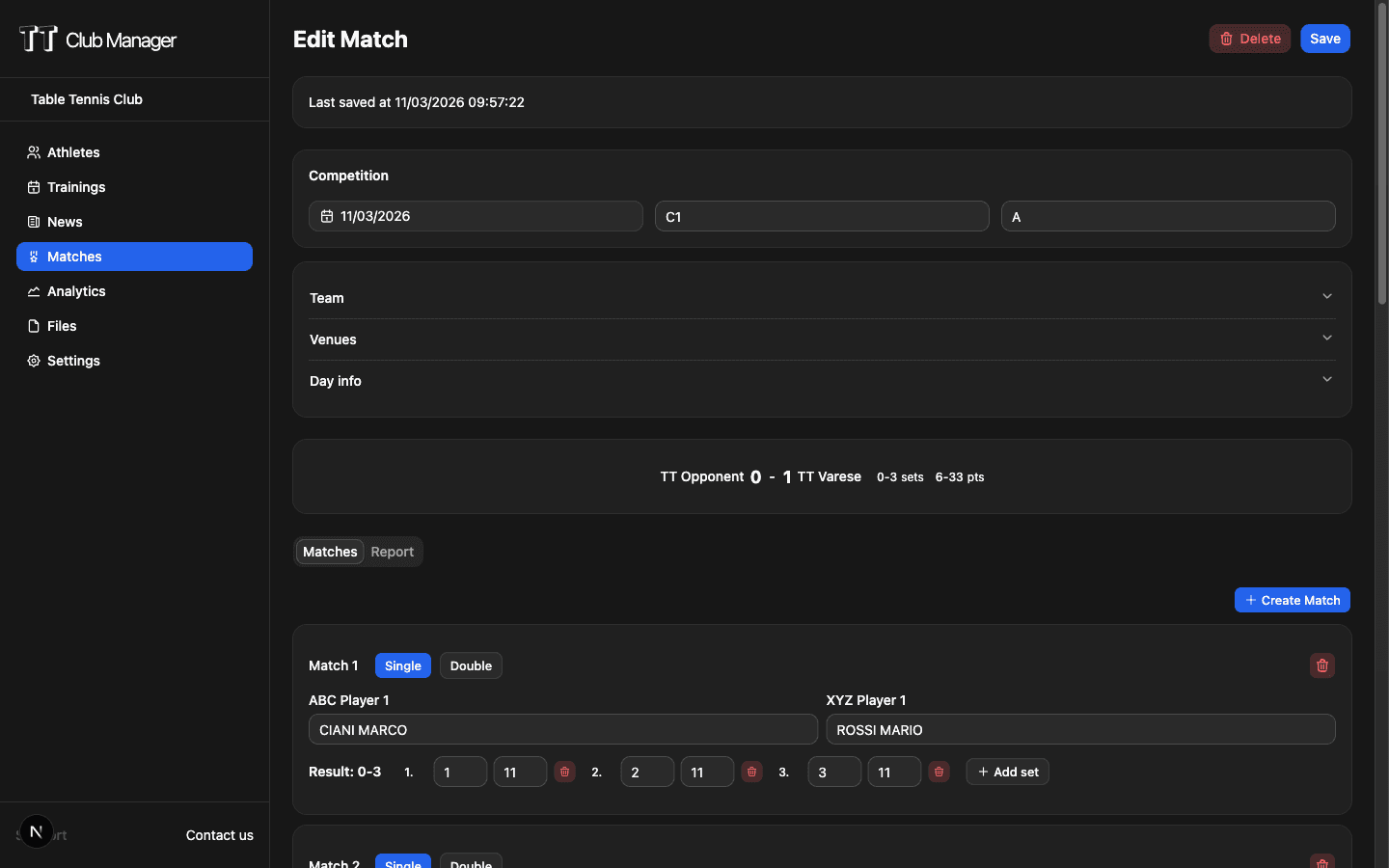 TT Club Manager match tracking interface