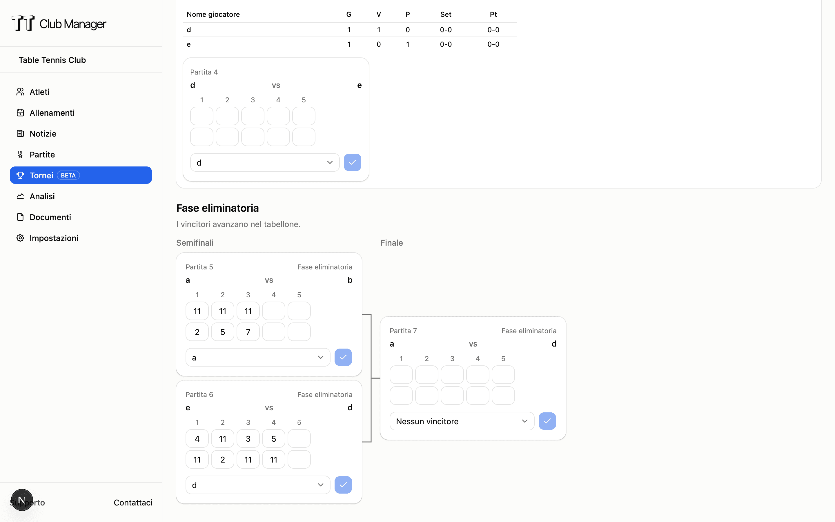 Tournament management interface showing bracket visualization and player standings
