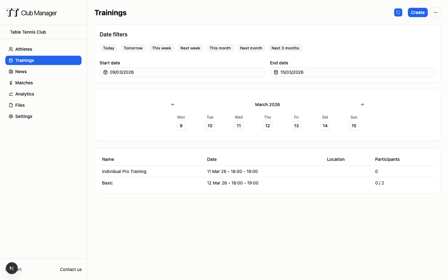 Training management interface showing scheduled sessions