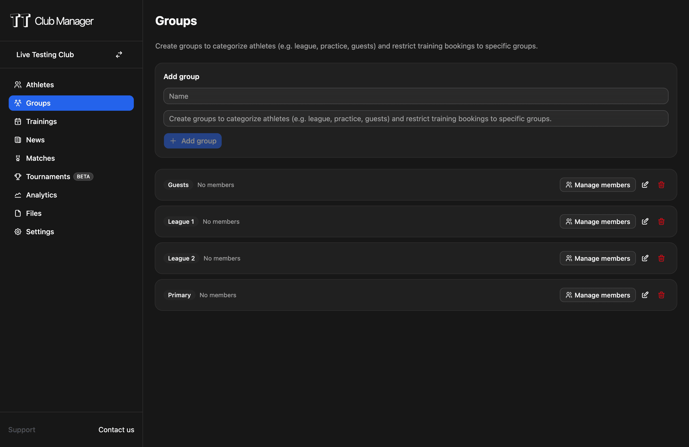 TT Club Manager groups and training booking restrictions interface